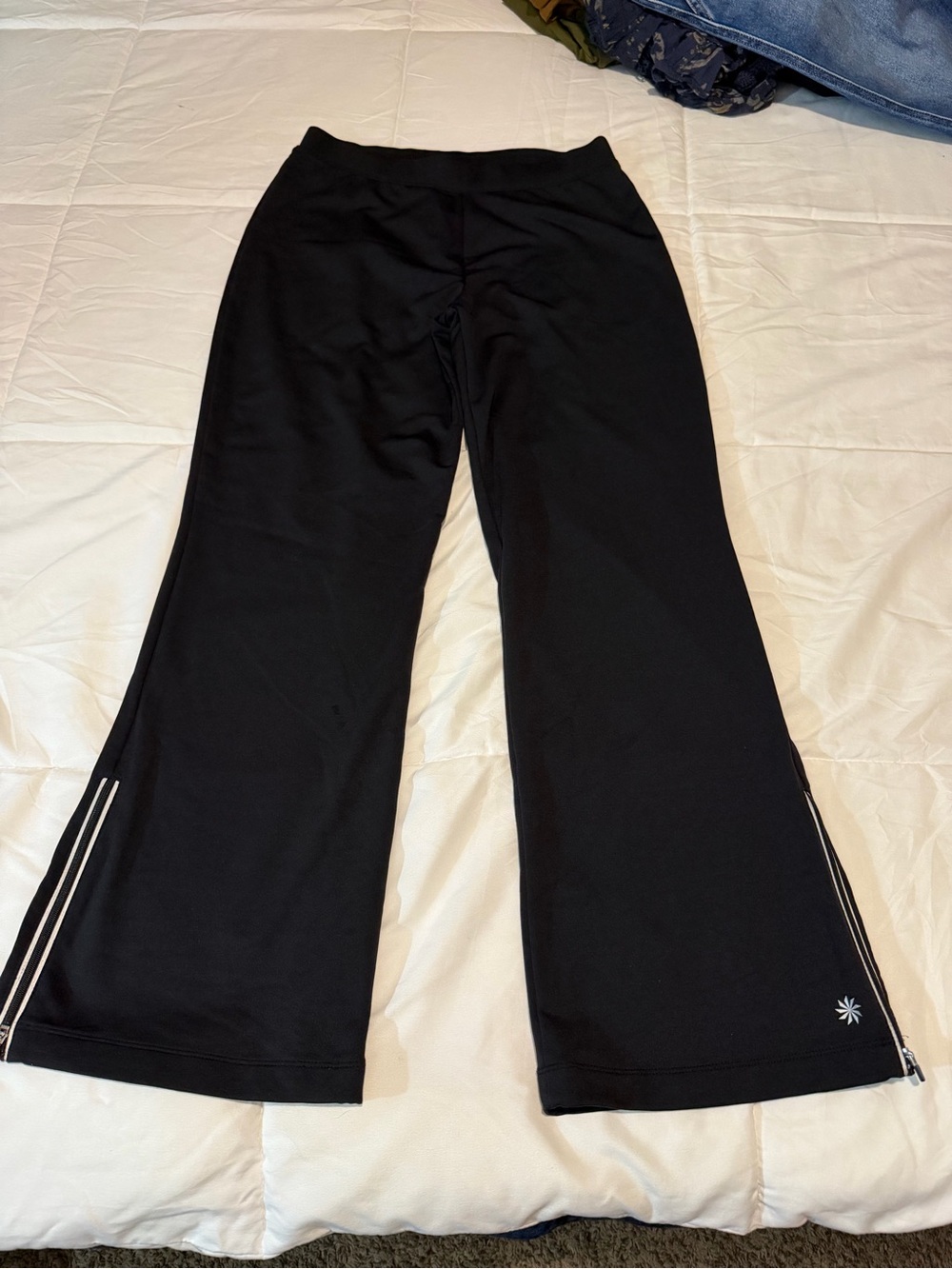 Athleta Black Cropped Flared Pants with White Stripe Detail with zipper at ankle